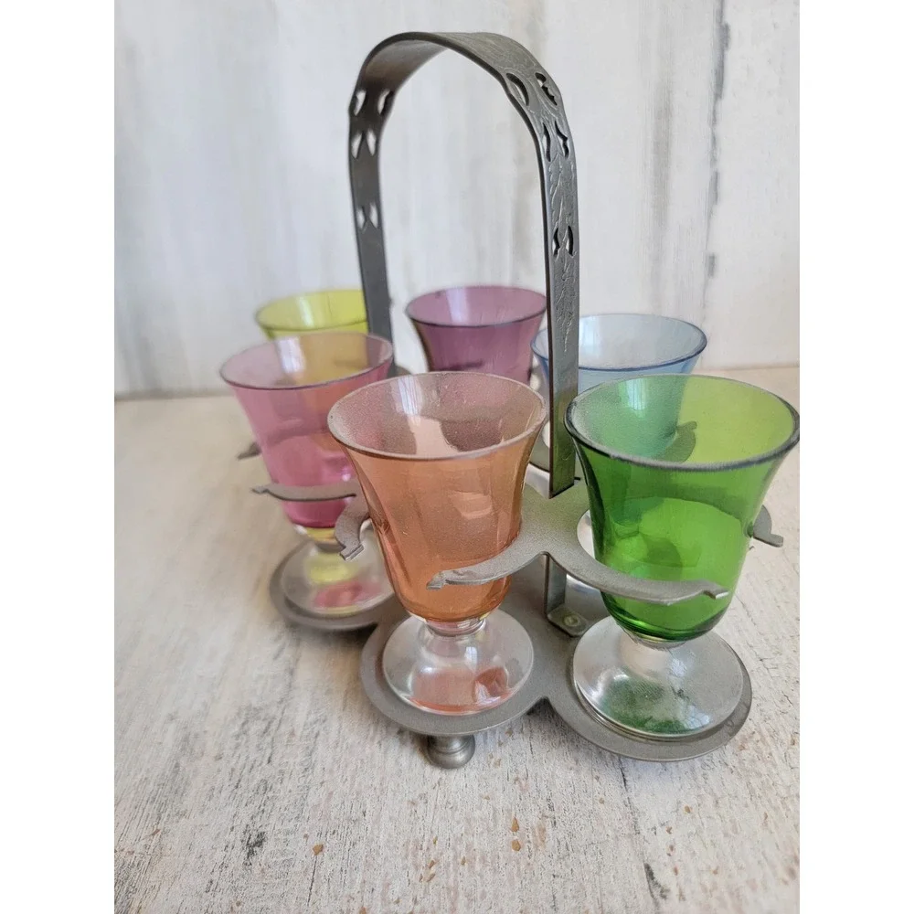 Vintage rainbow Farber ware art deco shot tray metal multi color set home